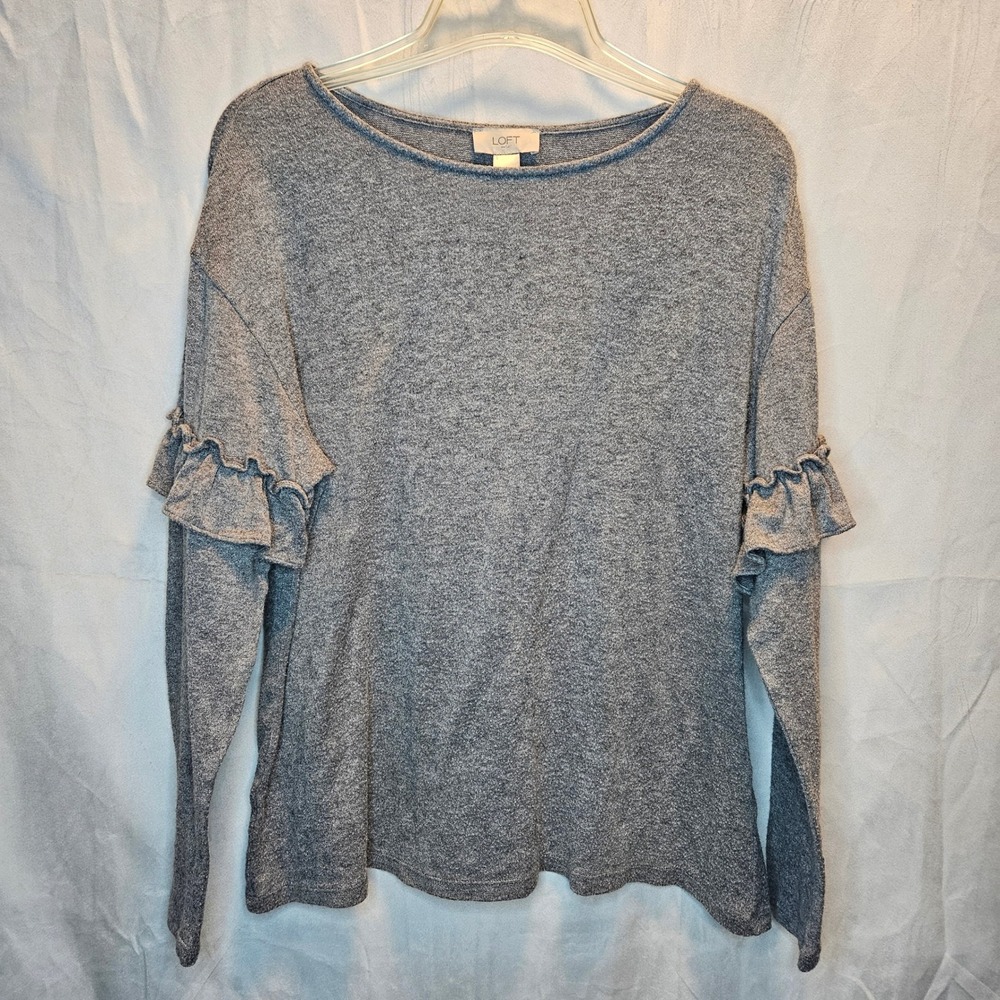 LOFT Outlet Large Ruffle Long Sleeve Gray Top‎ - Picture 3 of 7